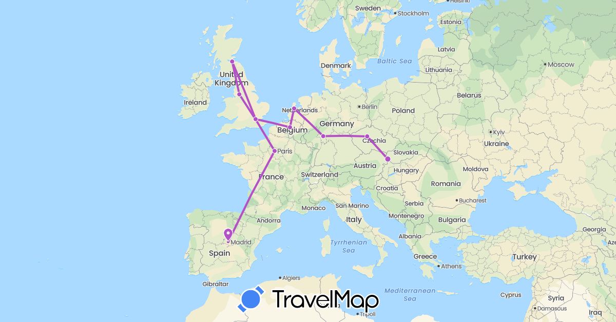 TravelMap itinerary: train in Belgium, Czech Republic, Germany, Spain, France, United Kingdom, Netherlands, Slovakia (Europe)