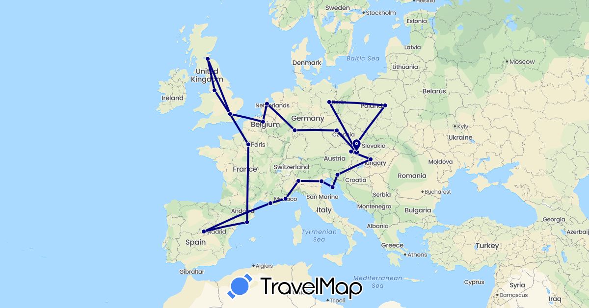 TravelMap itinerary: driving in Austria, Belgium, Czech Republic, Germany, Spain, France, United Kingdom, Croatia, Hungary, Italy, Monaco, Netherlands, Poland, Slovenia, Slovakia (Europe)