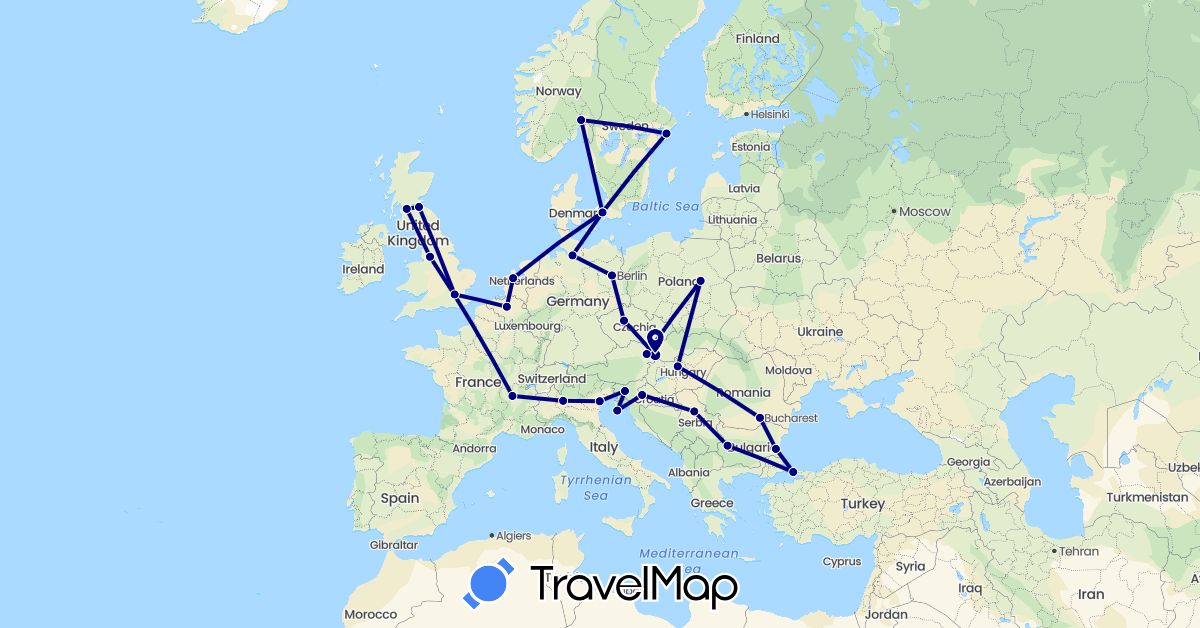 TravelMap itinerary: driving in Austria, Belgium, Bulgaria, Czech Republic, Germany, Denmark, France, United Kingdom, Croatia, Hungary, Italy, Netherlands, Norway, Poland, Romania, Serbia, Sweden, Slovenia, Slovakia, Turkey (Asia, Europe)